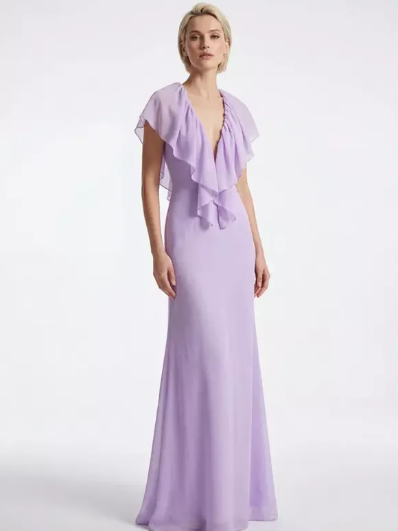 Elegant Ruffle V-Neck Chiffon Maxi Dress For Women - Lavender Boho Backless Flowy A-Line Sun Dress - Summer Beach Wedding Guest 2026
