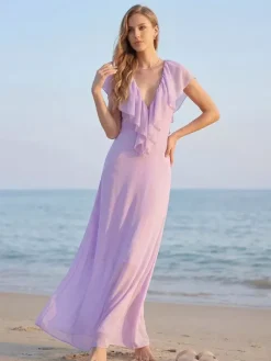 Elegant Ruffle V-Neck Chiffon Maxi Dress For Women - Lavender Boho Backless Flowy A-Line Sun Dress - Summer Beach Wedding Guest 2026