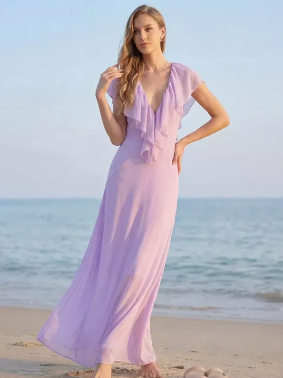 Elegant Ruffle V-Neck Chiffon Maxi Dress For Women - Lavender Boho Backless Flowy A-Line Sun Dress - Summer Beach Wedding Guest 2026