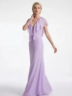 Elegant Ruffle V-Neck Chiffon Maxi Dress For Women - Lavender Boho Backless Flowy A-Line Sun Dress - Summer Beach Wedding Guest 2026