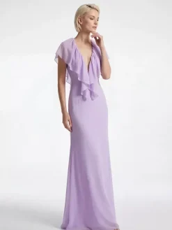 Elegant Ruffle V-Neck Chiffon Maxi Dress For Women - Lavender Boho Backless Flowy A-Line Sun Dress - Summer Beach Wedding Guest 2026