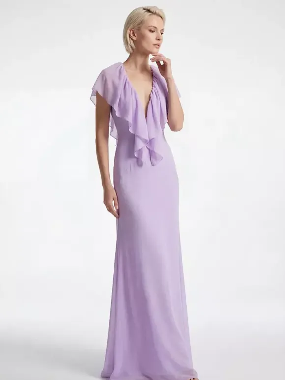 Elegant Ruffle V-Neck Chiffon Maxi Dress For Women - Lavender Boho Backless Flowy A-Line Sun Dress - Summer Beach Wedding Guest 2026