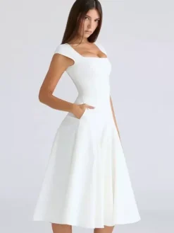 Elegant Square Neck A-Line Midi Dress For Women - Vintage Sleeveless Fit And Flare SunDress - Summer Wedding Guest Cocktail 2026