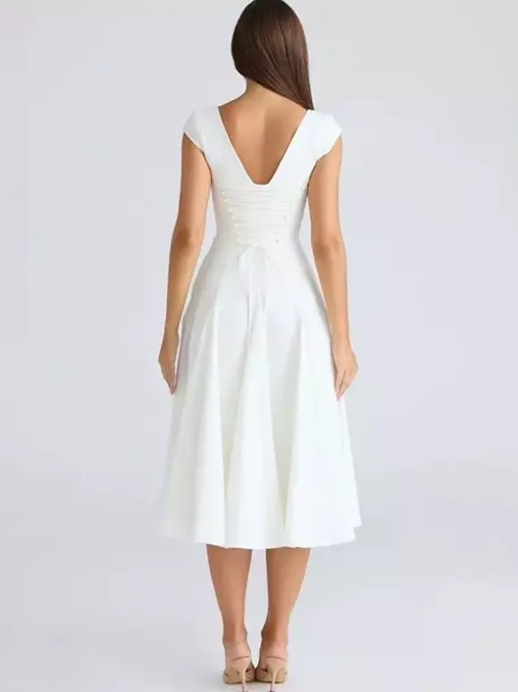 Elegant Square Neck A-Line Midi Dress For Women - Vintage Sleeveless Fit And Flare SunDress - Summer Wedding Guest Cocktail 2026