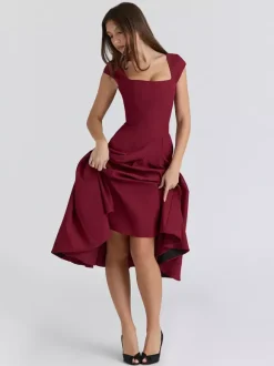 Elegant Square Neck A-Line Midi Dress For Women - Vintage Sleeveless Fit And Flare SunDress - Summer Wedding Guest Cocktail 2026
