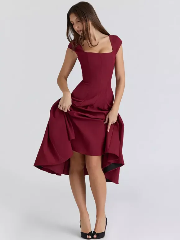 Elegant Square Neck A-Line Midi Dress For Women - Vintage Sleeveless Fit And Flare SunDress - Summer Wedding Guest Cocktail 2026