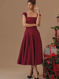 Elegant Square Neck A-Line Midi Dress For Women - Vintage Sleeveless Fit And Flare SunDress - Summer Wedding Guest Cocktail 2026