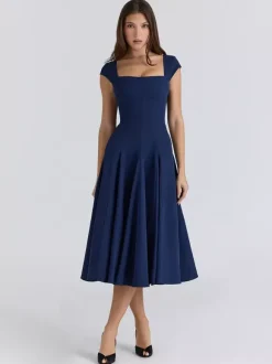 Elegant Square Neck A-Line Midi Dress For Women - Vintage Sleeveless Fit And Flare SunDress - Summer Wedding Guest Cocktail 2026