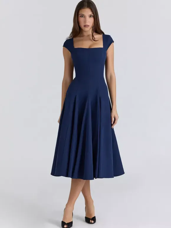Elegant Square Neck A-Line Midi Dress For Women - Vintage Sleeveless Fit And Flare SunDress - Summer Wedding Guest Cocktail 2026