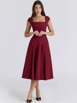 Elegant Square Neck A-Line Midi Dress For Women - Vintage Sleeveless Fit And Flare SunDress - Summer Wedding Guest Cocktail 2026