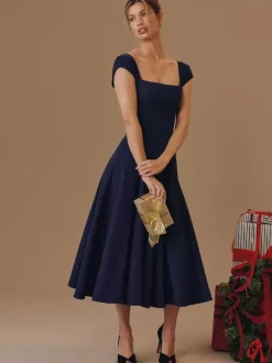 Elegant Square Neck A-Line Midi Dress For Women - Vintage Sleeveless Fit And Flare SunDress - Summer Wedding Guest Cocktail 2026