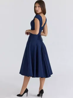 Elegant Square Neck A-Line Midi Dress For Women - Vintage Sleeveless Fit And Flare SunDress - Summer Wedding Guest Cocktail 2026