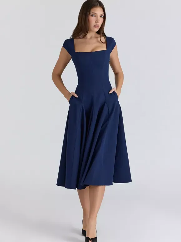 Elegant Square Neck A-Line Midi Dress For Women - Vintage Sleeveless Fit And Flare SunDress - Summer Wedding Guest Cocktail 2026