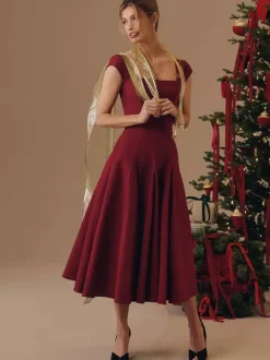 Elegant Square Neck A-Line Midi Dress For Women - Vintage Sleeveless Fit And Flare SunDress - Summer Wedding Guest Cocktail 2026