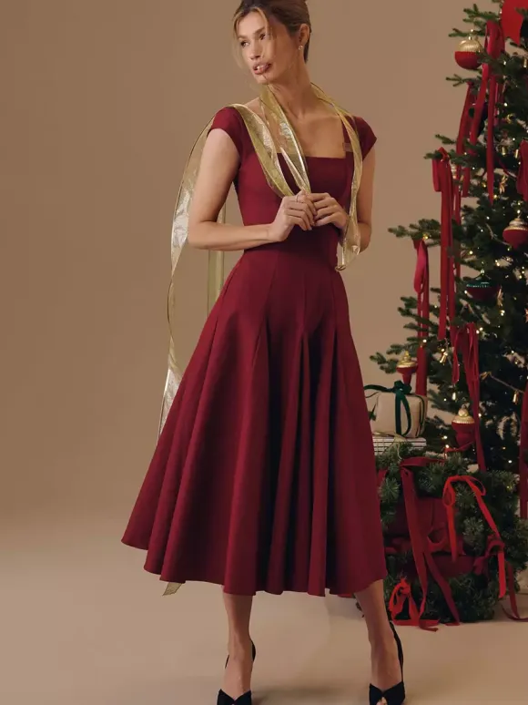 Elegant Square Neck A-Line Midi Dress For Women - Vintage Sleeveless Fit And Flare SunDress - Summer Wedding Guest Cocktail 2026
