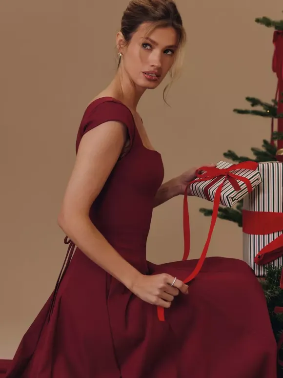 Elegant Square Neck A-Line Midi Dress For Women - Vintage Sleeveless Fit And Flare SunDress - Summer Wedding Guest Cocktail 2026
