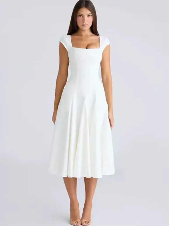 Elegant Square Neck A-Line Midi Dress For Women - Vintage Sleeveless Fit And Flare SunDress - Summer Wedding Guest Cocktail 2026