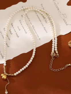 Elegant Tiny Pearl Strand Y Necklace Sparkle Zircon Tassel Gold Ball Drop Pendant