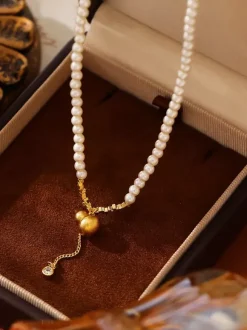 Elegant Tiny Pearl Strand Y Necklace Sparkle Zircon Tassel Gold Ball Drop Pendant
