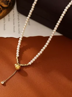 Elegant Tiny Pearl Strand Y Necklace Sparkle Zircon Tassel Gold Ball Drop Pendant