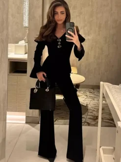 Elegant Two Piece Set Women Trouser Suit - Vintage Large Collar Gold Button Bell Sleeve - Spring Gala Evening Outfit 2026