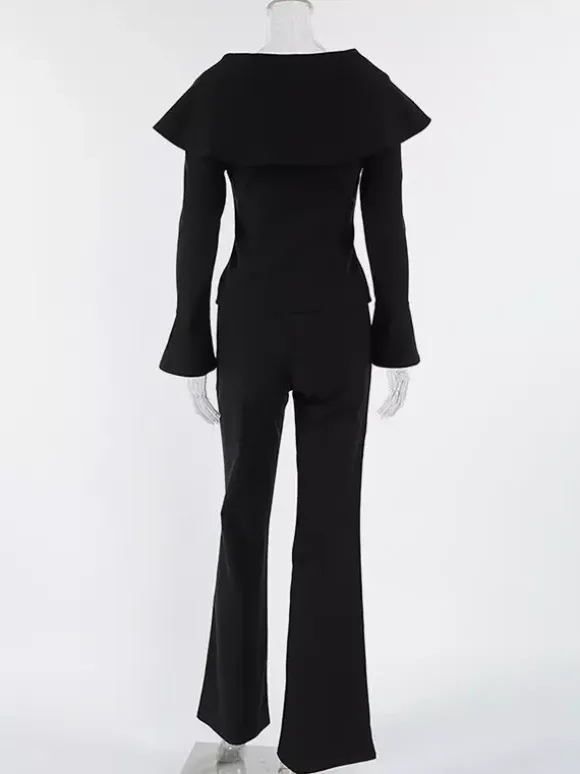Elegant Two Piece Set Women Trouser Suit - Vintage Large Collar Gold Button Bell Sleeve - Spring Gala Evening Outfit 2026