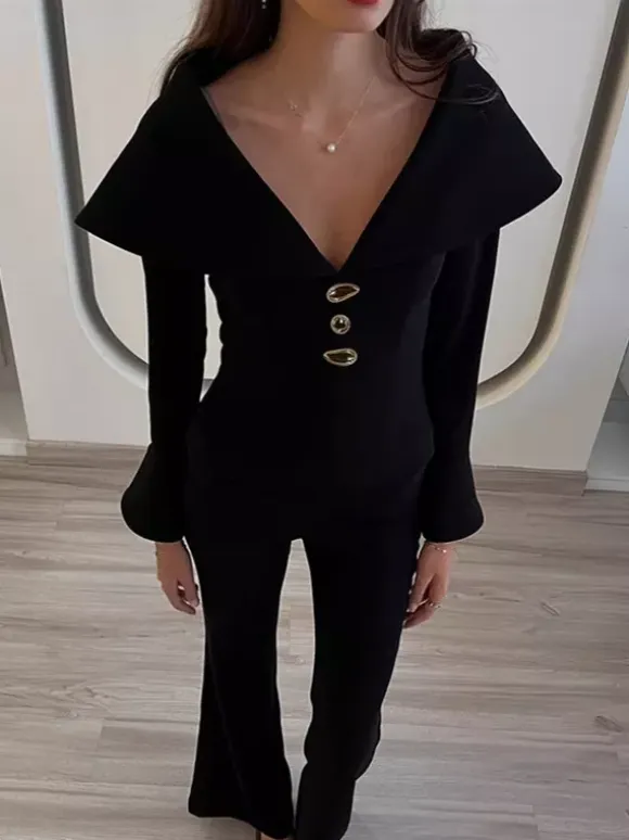 Elegant Two Piece Set Women Trouser Suit - Vintage Large Collar Gold Button Bell Sleeve - Spring Gala Evening Outfit 2026