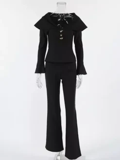 Elegant Two Piece Set Women Trouser Suit - Vintage Large Collar Gold Button Bell Sleeve - Spring Gala Evening Outfit 2026