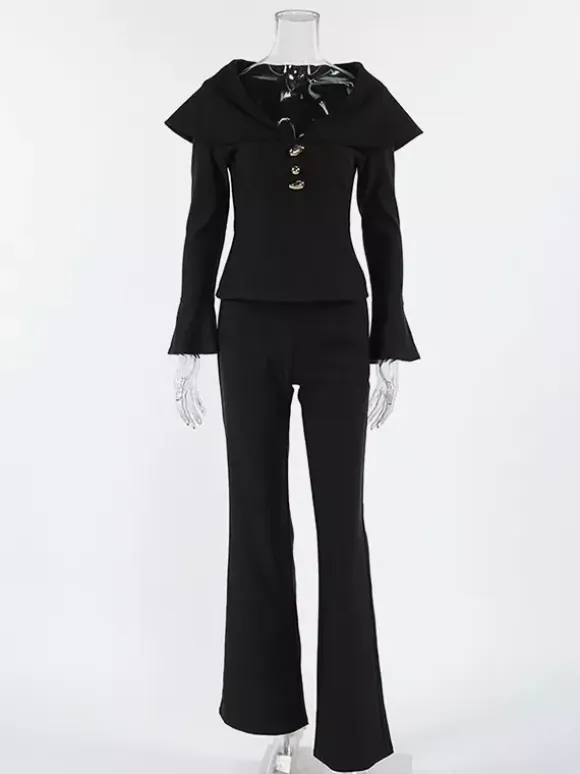Elegant Two Piece Set Women Trouser Suit - Vintage Large Collar Gold Button Bell Sleeve - Spring Gala Evening Outfit 2026