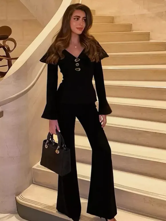 Elegant Two Piece Set Women Trouser Suit - Vintage Large Collar Gold Button Bell Sleeve - Spring Gala Evening Outfit 2026