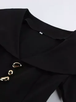 Elegant Two Piece Set Women Trouser Suit - Vintage Large Collar Gold Button Bell Sleeve - Spring Gala Evening Outfit 2026