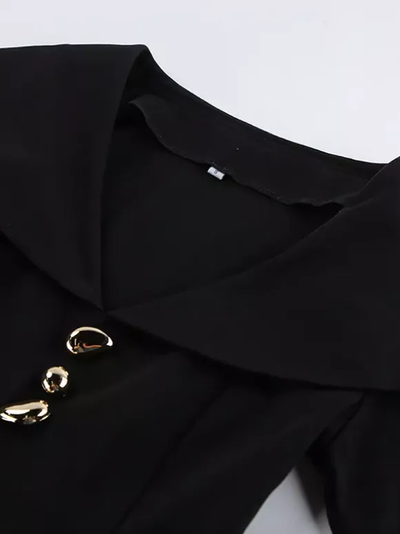 Elegant Two Piece Set Women Trouser Suit - Vintage Large Collar Gold Button Bell Sleeve - Spring Gala Evening Outfit 2026