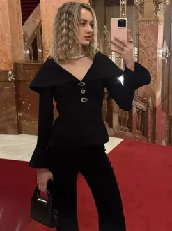 Elegant Two Piece Set Women Trouser Suit - Vintage Large Collar Gold Button Bell Sleeve - Spring Gala Evening Outfit 2026