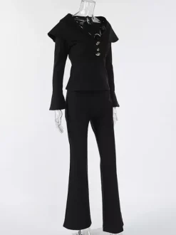 Elegant Two Piece Set Women Trouser Suit - Vintage Large Collar Gold Button Bell Sleeve - Spring Gala Evening Outfit 2026