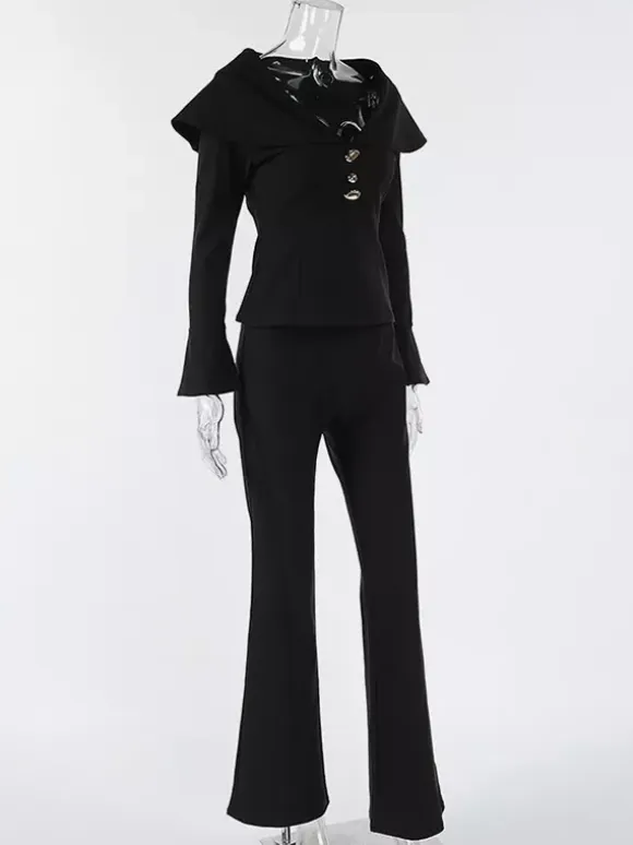 Elegant Two Piece Set Women Trouser Suit - Vintage Large Collar Gold Button Bell Sleeve - Spring Gala Evening Outfit 2026
