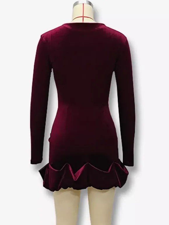 Elegant Velvet Mini Dress With Ruffle Hem Long Sleeve Bodycon Dress For Women 2026