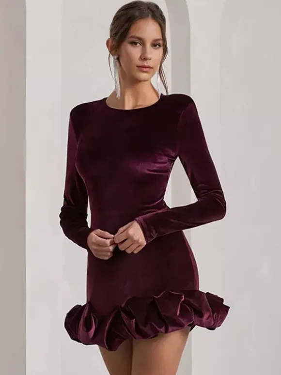 Elegant Velvet Mini Dress With Ruffle Hem Long Sleeve Bodycon Dress For Women 2026