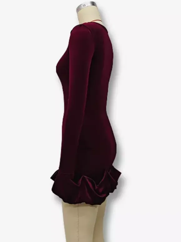 Elegant Velvet Mini Dress With Ruffle Hem Long Sleeve Bodycon Dress For Women 2026