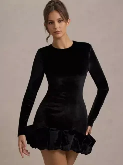 Elegant Velvet Mini Dress With Ruffle Hem Long Sleeve Bodycon Dress For Women 2026