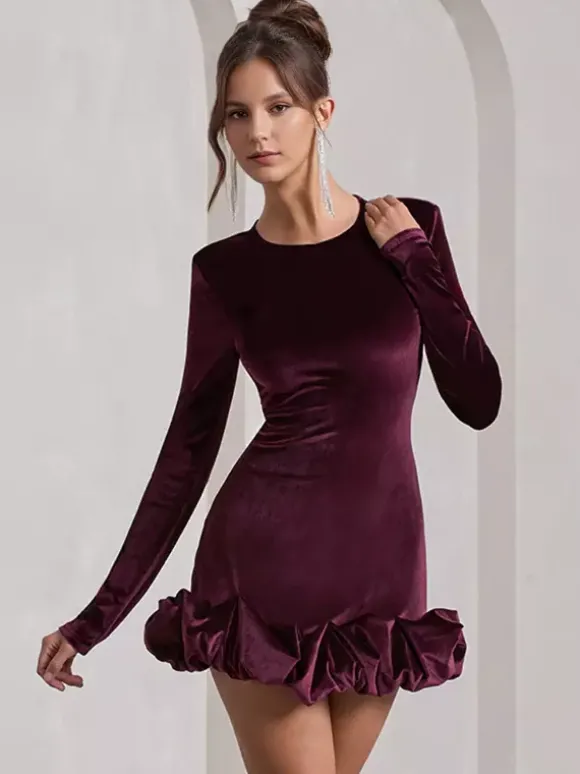 Elegant Velvet Mini Dress With Ruffle Hem Long Sleeve Bodycon Dress For Women 2026