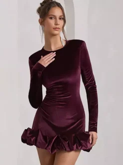 Elegant Velvet Mini Dress With Ruffle Hem Long Sleeve Bodycon Dress For Women 2026