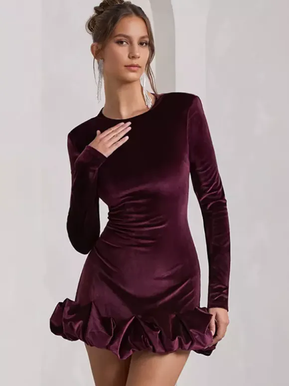 Elegant Velvet Mini Dress With Ruffle Hem Long Sleeve Bodycon Dress For Women 2026