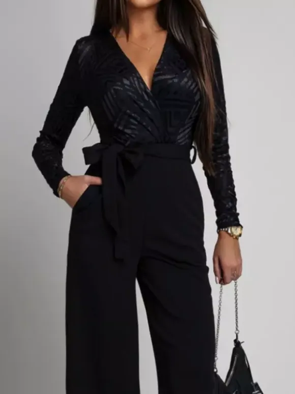 Elegant Wide Leg Jumpsuit For Women - Black Geometric V Neck Long Sleeve Belted Romper - Spring Evening Party 2026