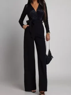 Elegant Wide Leg Jumpsuit For Women - Black Geometric V Neck Long Sleeve Belted Romper - Spring Evening Party 2026