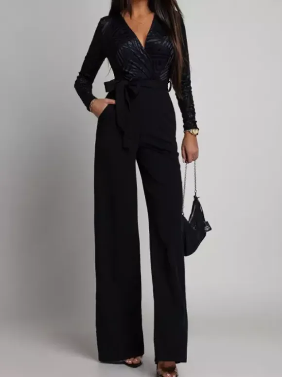 Elegant Wide Leg Jumpsuit For Women - Black Geometric V Neck Long Sleeve Belted Romper - Spring Evening Party 2026