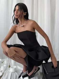Elegant Women's 2 Piece Set - Vintage Peplum Tube Top & Side Slit Midi Skirt - Chic Summer Party Wear 2026