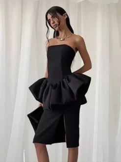Elegant Women's 2 Piece Set - Vintage Peplum Tube Top & Side Slit Midi Skirt - Chic Summer Party Wear 2026