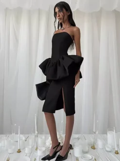 Elegant Women's 2 Piece Set - Vintage Peplum Tube Top & Side Slit Midi Skirt - Chic Summer Party Wear 2026