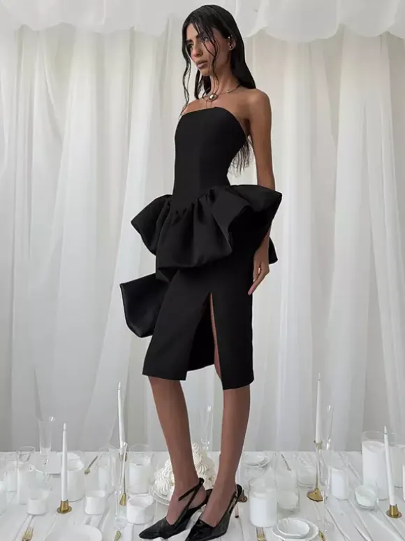 Elegant Women's 2 Piece Set - Vintage Peplum Tube Top & Side Slit Midi Skirt - Chic Summer Party Wear 2026