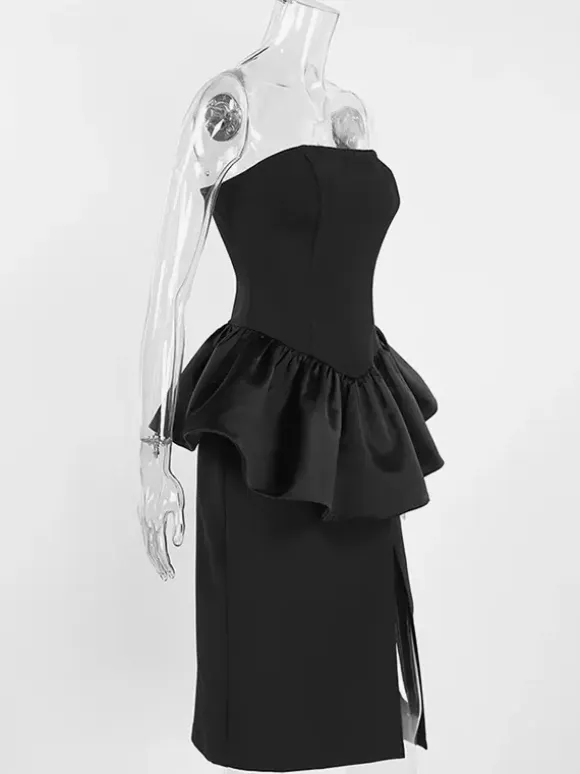Elegant Women's 2 Piece Set - Vintage Peplum Tube Top & Side Slit Midi Skirt - Chic Summer Party Wear 2026